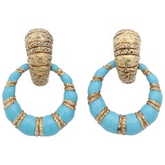 1960s Turquoise Blue Enamel and Textured Gold Doorknocker Hanging Earrings