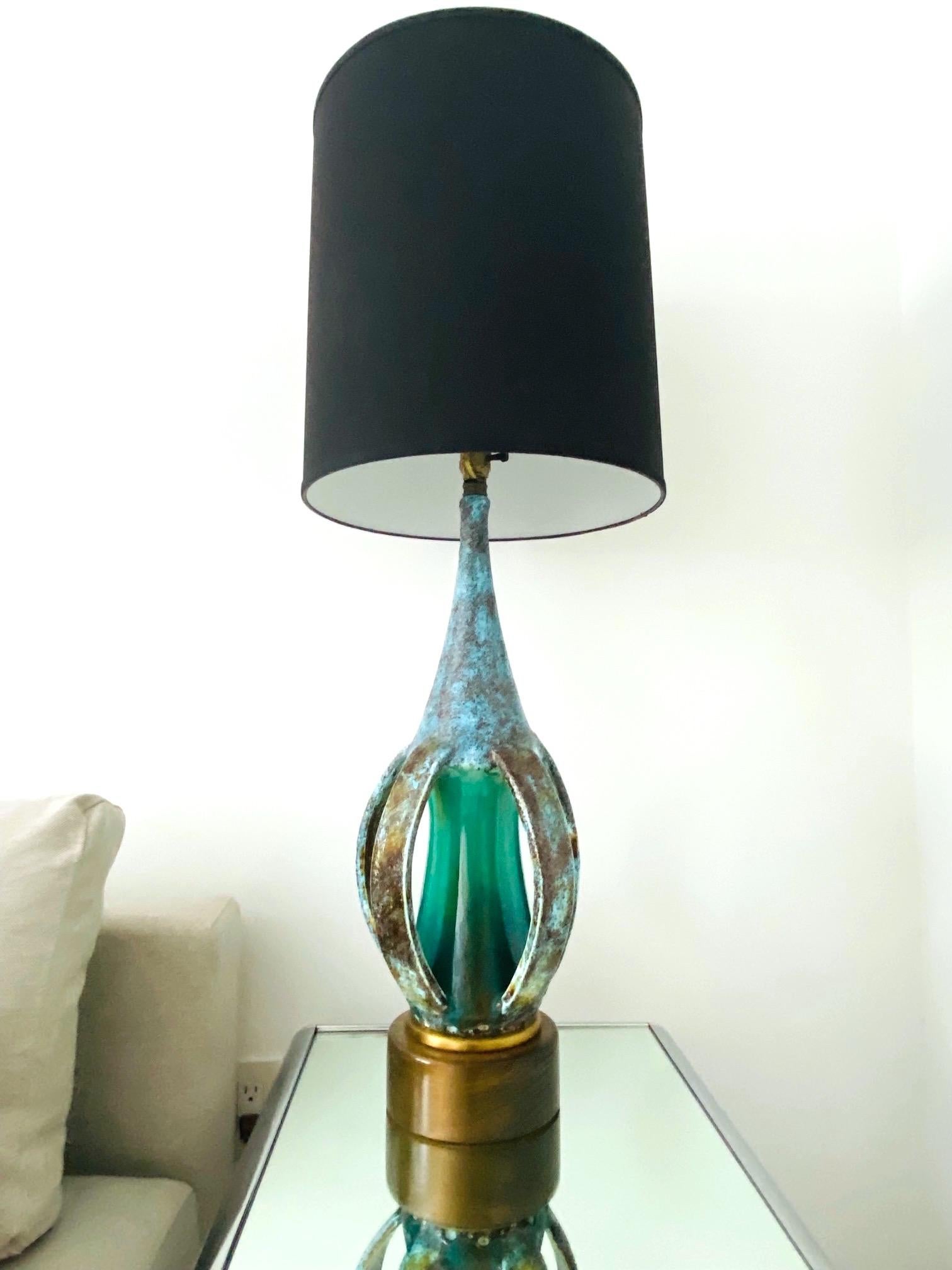 Danish Mid-Century Modern stoneware lamp with glazed finish in turquoise blue. Unique Studio Pottery lamp features an elongated vessel with open slats along the lower portion. Beautifully handmade in extraordinary matte glazed finish of robin's-egg