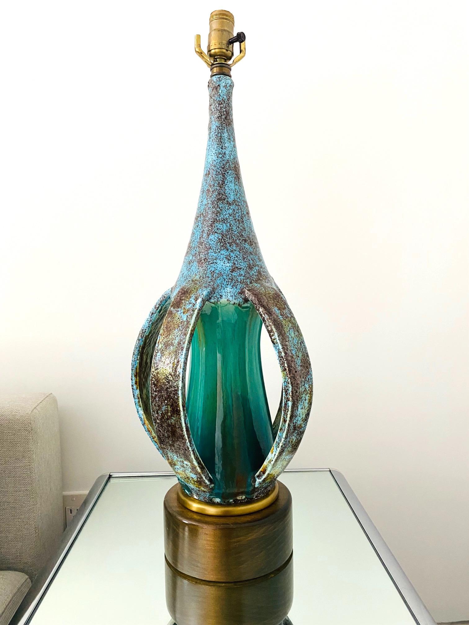 Danish Mid-Century Modern Sculptural Pottery Lamp in Turquoise & Blue, Denmark C. 1960s For Sale