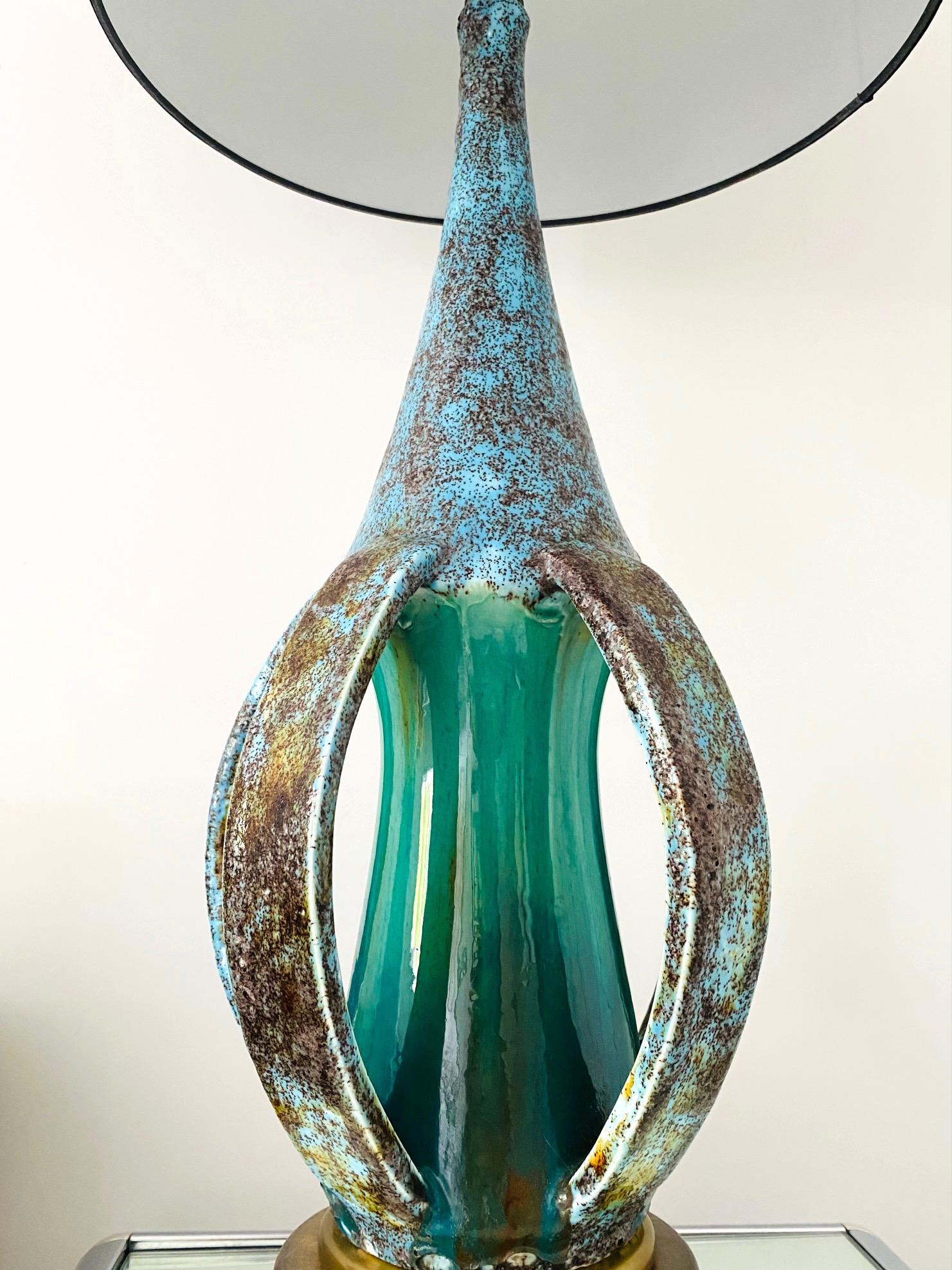 Glazed Mid-Century Modern Sculptural Pottery Lamp in Turquoise & Blue, Denmark C. 1960s For Sale