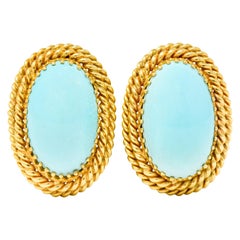 1960s Turquoise Cabochon 14 Karat Gold Earrings Twisted Rope Earrings