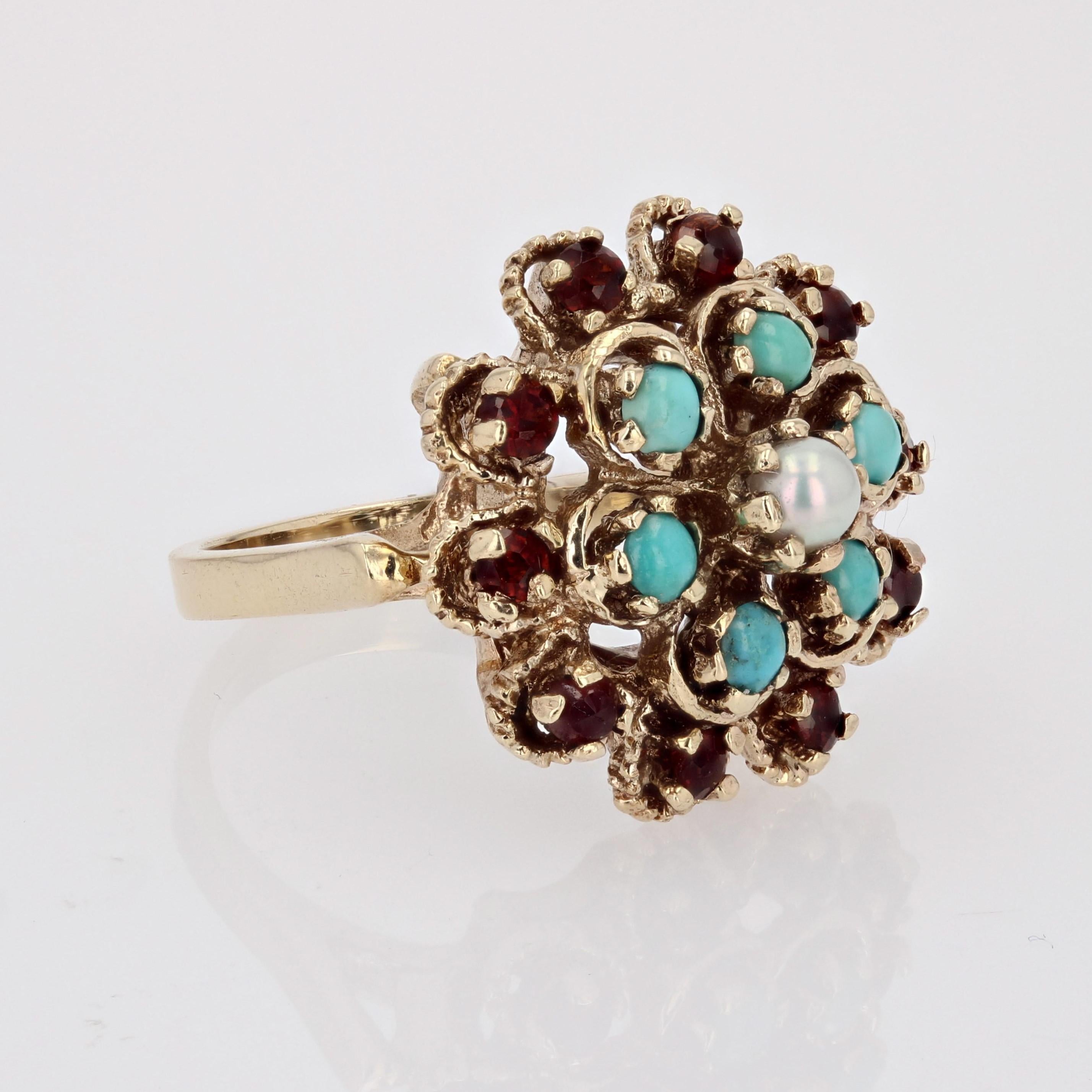 Taglio rotondo Anello a fiore in oro giallo 14 carati con turchese citrino e perle coltivate del 1960 in vendita