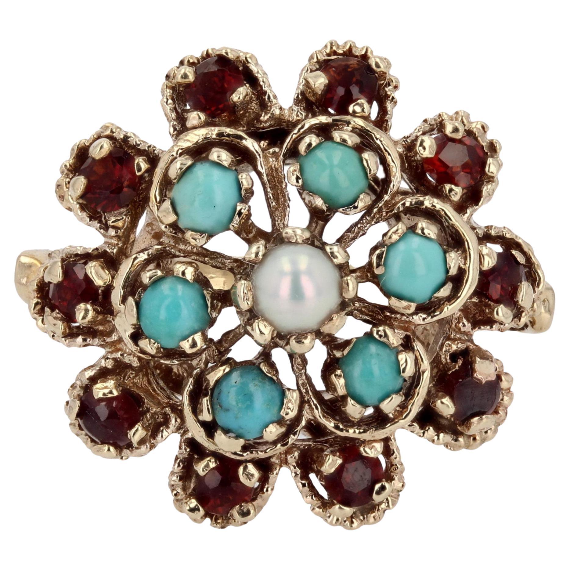 1960s Turquoise Citrine Cultured Pearls 14 Karat Yellow Gold Flower Ring