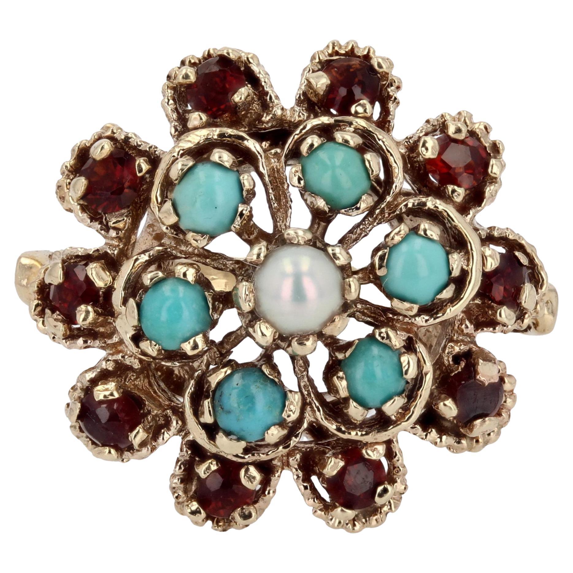 Anello a fiore in oro giallo 14 carati con turchese citrino e perle coltivate del 1960 in vendita