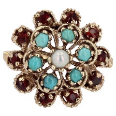 Türkis Citrin Zuchtperlen 14 Karat Gelbgold Blumenring 1960er Jahre