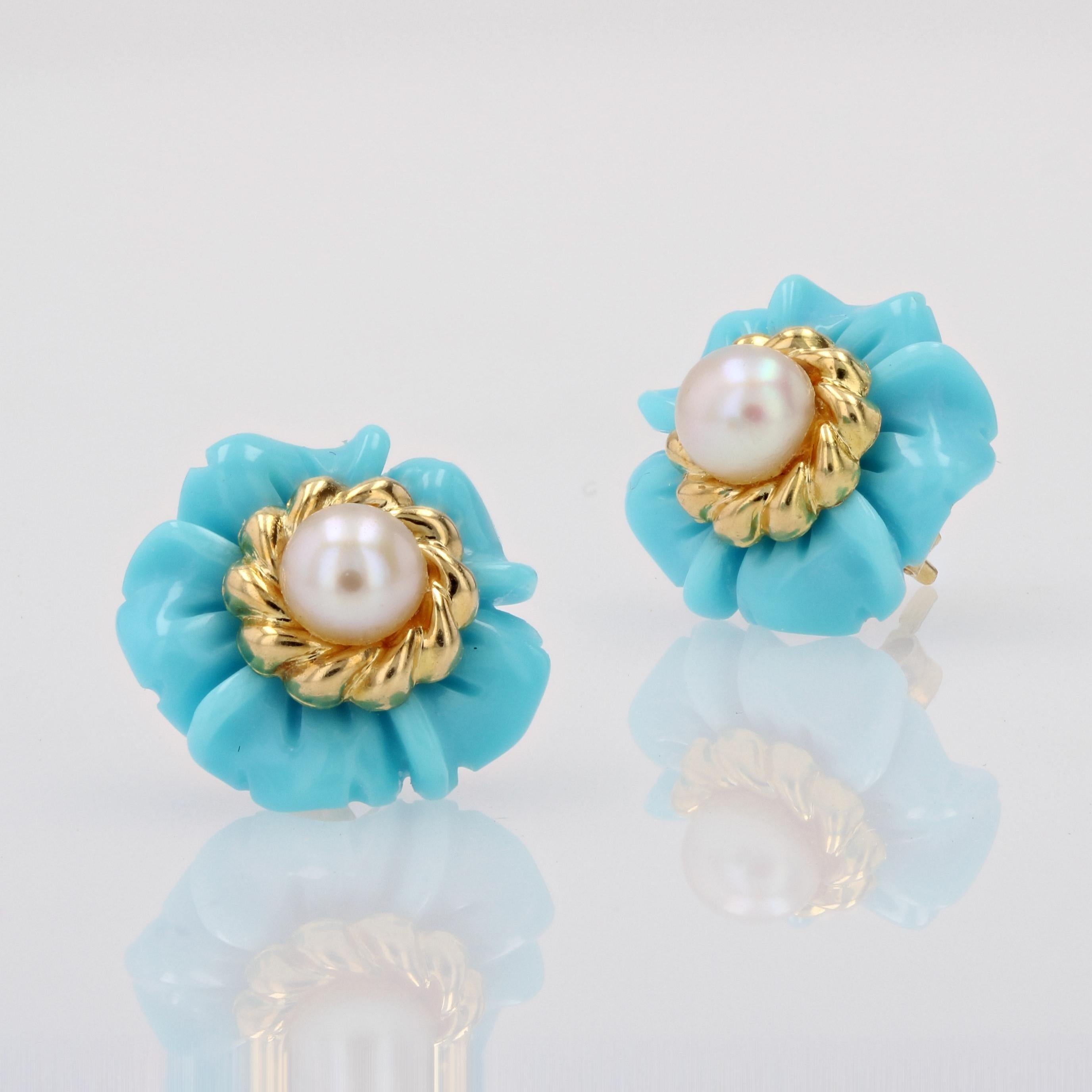 1960er Jahre Türkis-Zuchtperle 18 Karat Gelbgold Blumen-Ohrstecker (Gemischter Schliff)