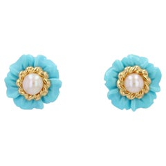 Vintage 1960s Turquoise Cultured Pearl 18 Karat Yellow Gold Flower Stud Earrings