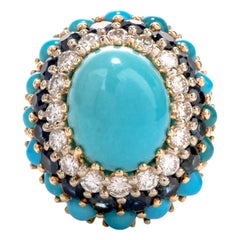 1960s Turquoise Diamond and Sapphire Clip-On Gold Cocktail Ring