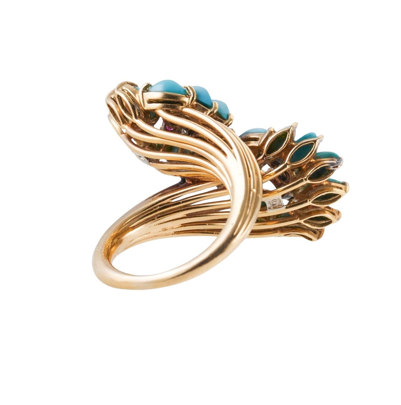 Round Cut 1960s Turquoise Diamond Ruby Gold Bypass Cocktail Ring For Sale
