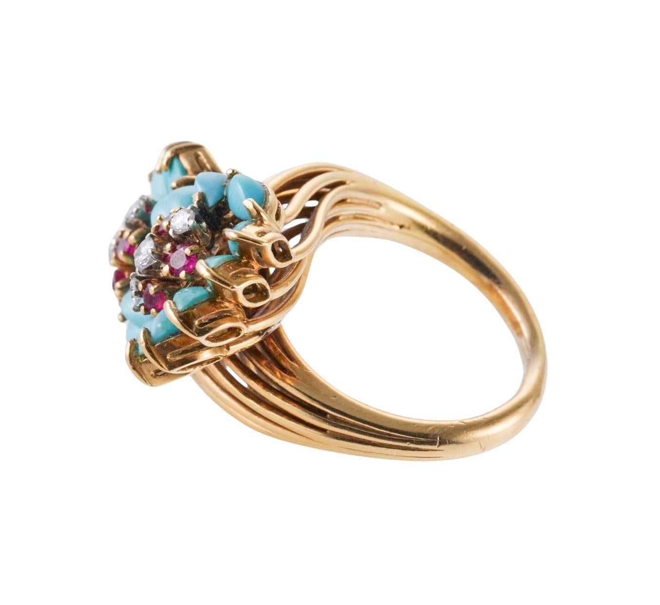 1960s Turquoise Diamond Ruby Gold Bypass Cocktail Ring In Excellent Condition For Sale In New York, NY
