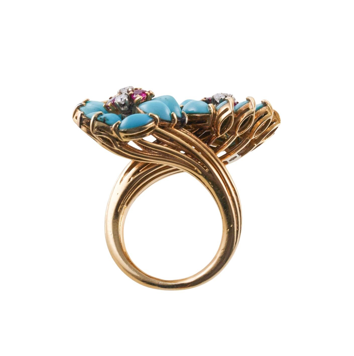 Women's 1960s Turquoise Diamond Ruby Gold Bypass Cocktail Ring For Sale
