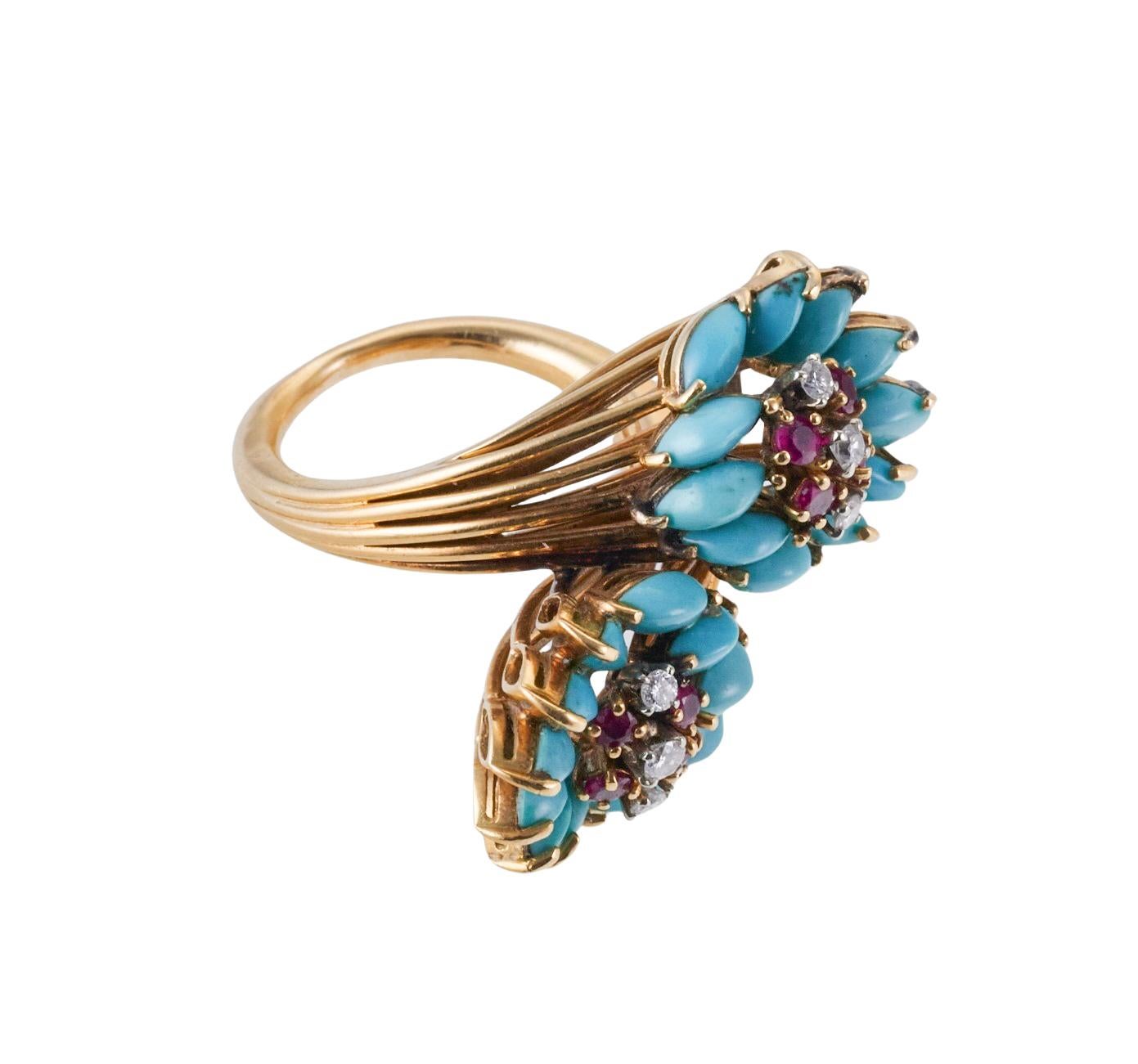1960s Turquoise Diamond Ruby Gold Bypass Cocktail Ring For Sale 1