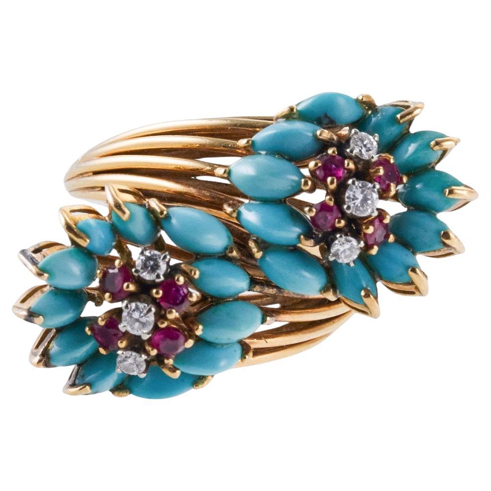 1960s Turquoise Diamond Ruby Gold Bypass Cocktail Ring