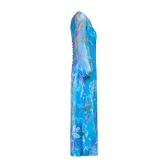 1960s Turquoise Floral Silk Organza Maxi Dress with Keyhole Neckline