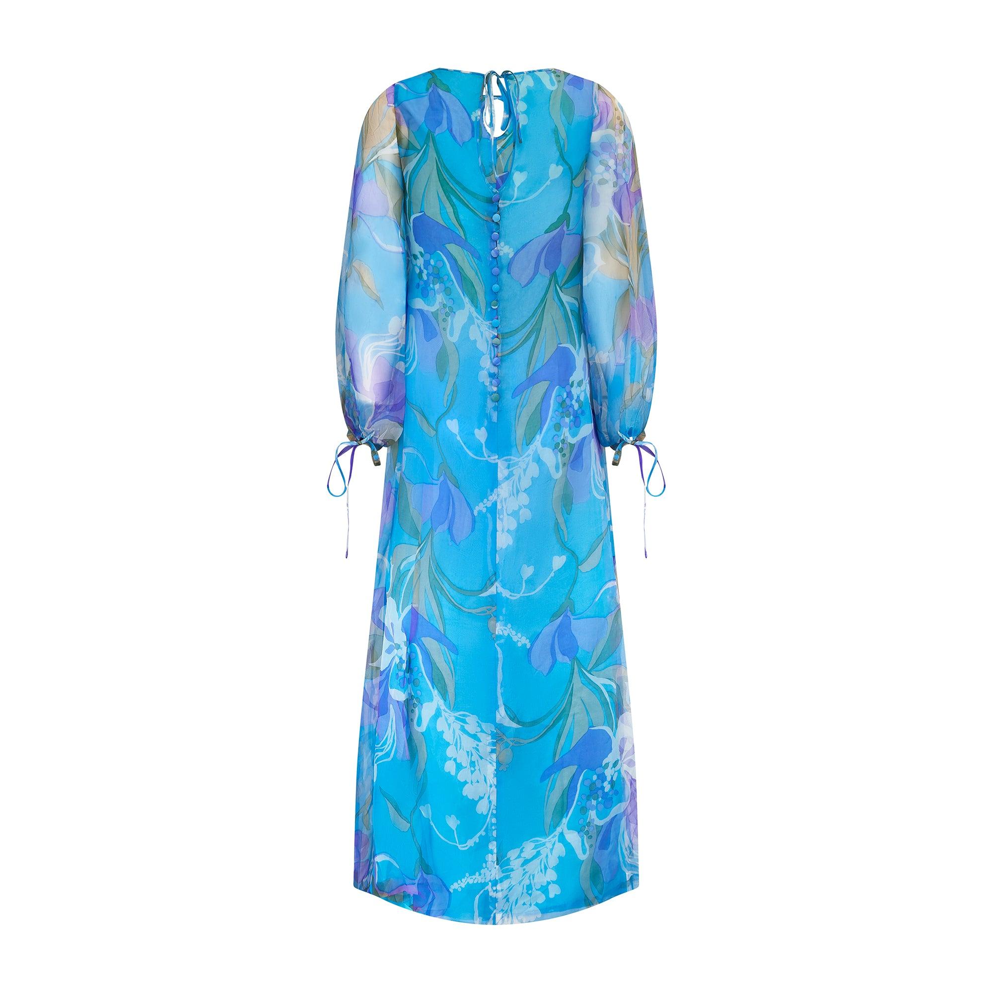 Bleu 1960 - Robe longue en organza de soie à fleurs turquoise avec encolure en trou de serrure en vente