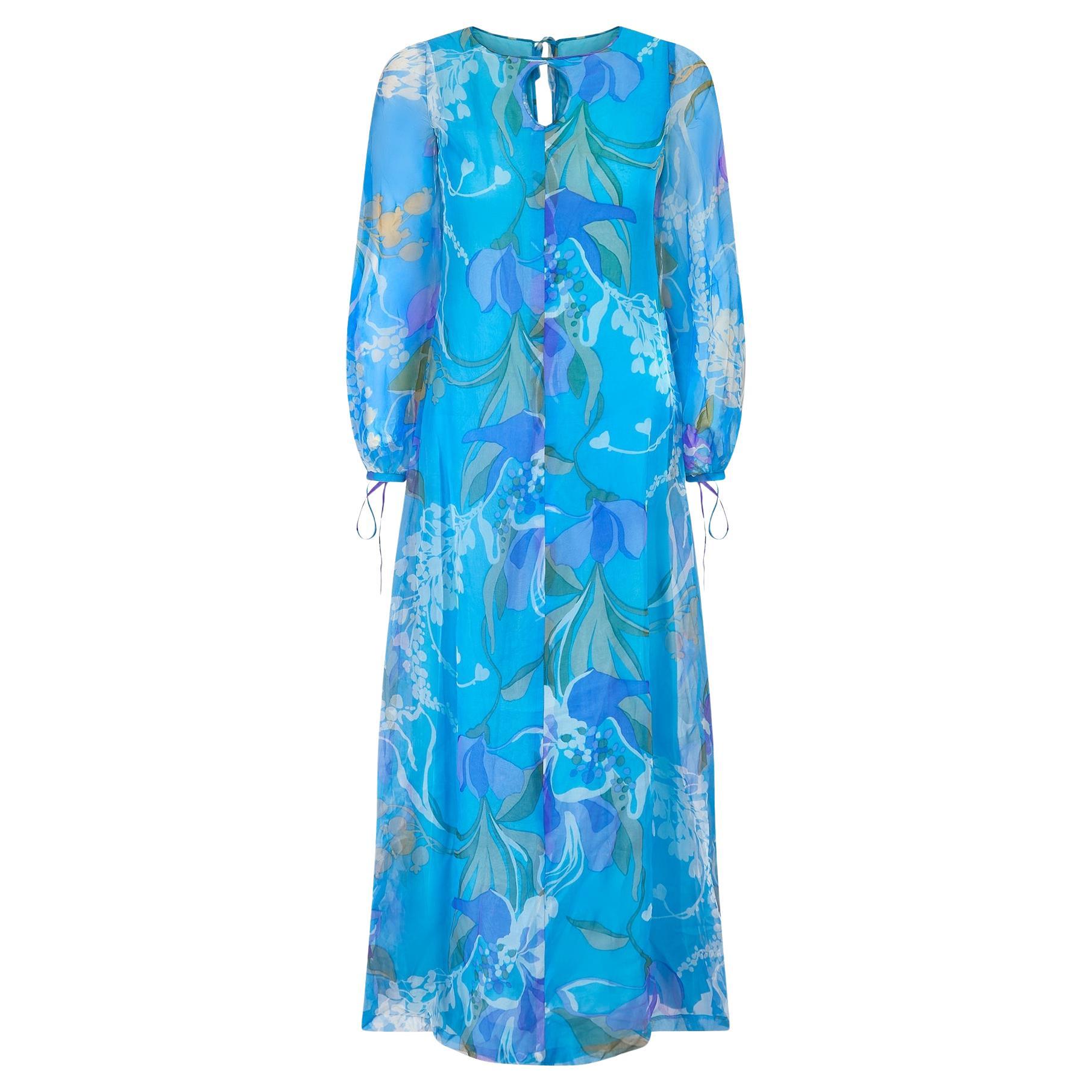 1960s Turquoise Floral Silk Organza Maxi Dress with Keyhole Neckline For Sale