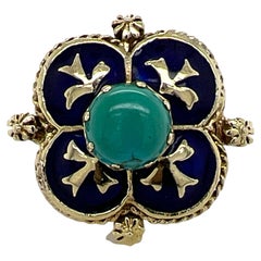1960's Turquoise Gemstone Enamel 14 Karat Yellow Gold Cocktail Estate Ring