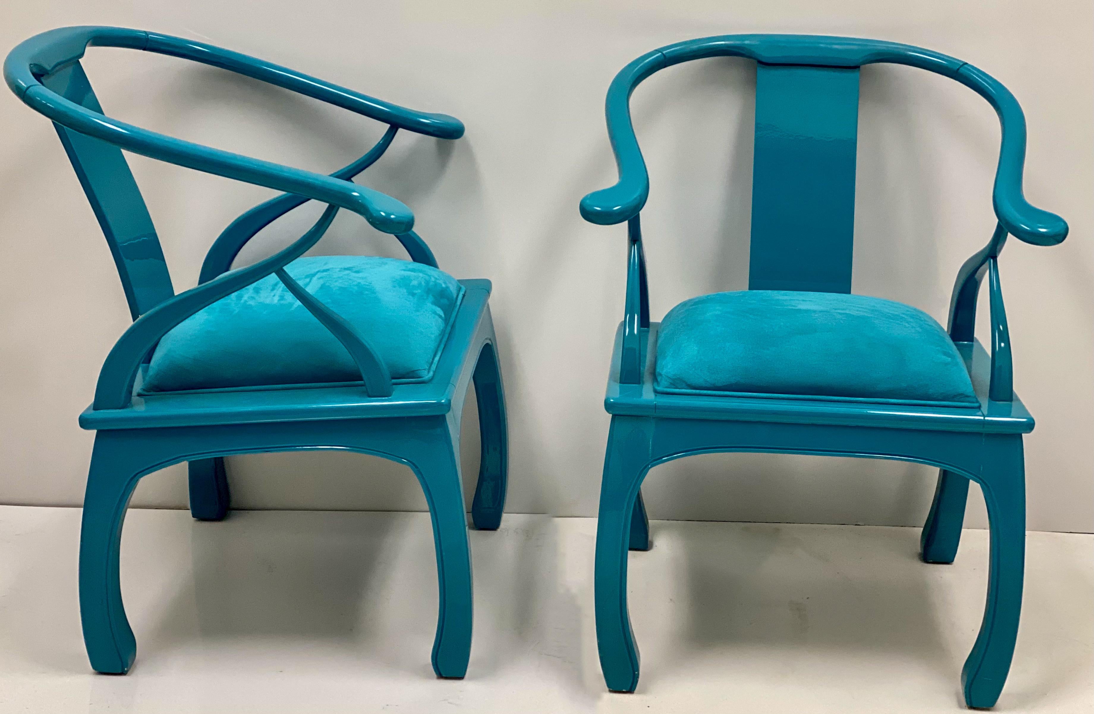 1960s Turquoise Lacquered Ming Style Chairs, a Pair In Good Condition For Sale In Kennesaw, GA