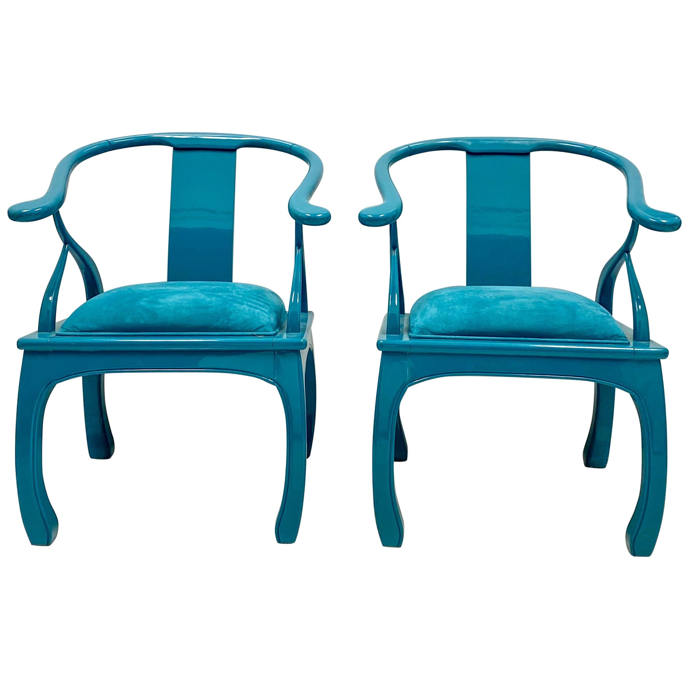 Paire de chaises de style Ming laquées turquoise des années 1960 en vente