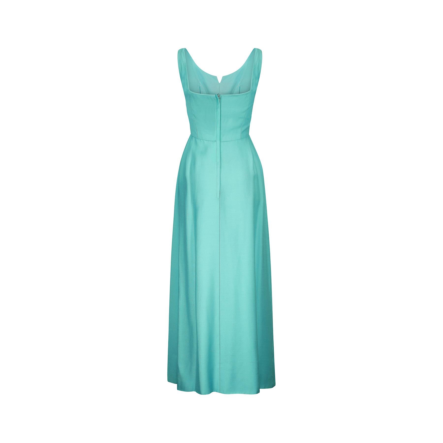Bleu Robe formelle turquoise en lin et soie des années 1960 en vente