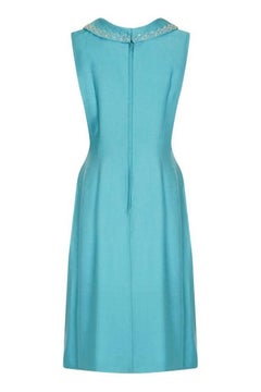 1960s Turquoise Linen Mod Dress With Beaded Collar