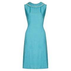 1960s Turquoise Linen Mod Dress With Beaded Collar