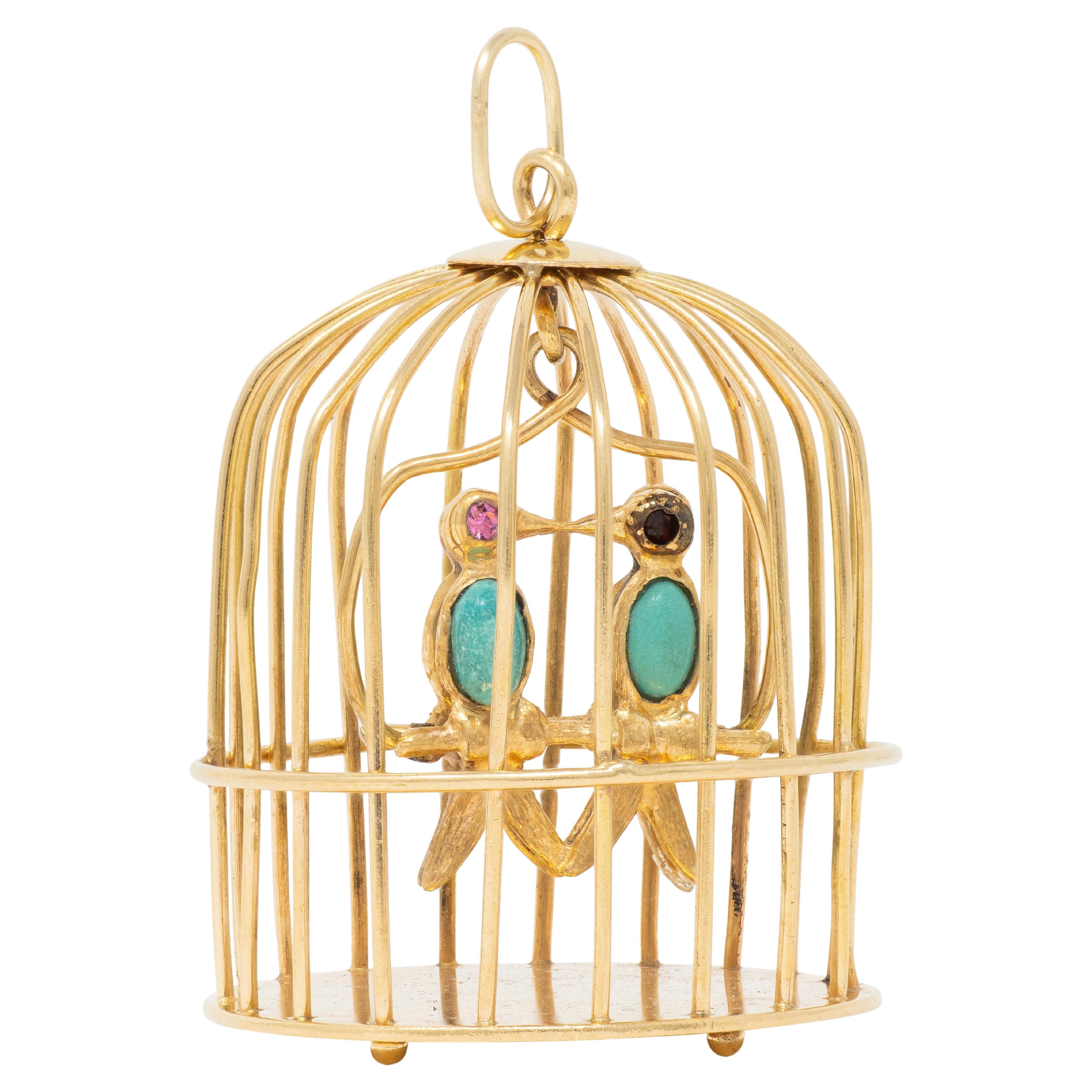 1960
s Turquoise Multi-Gem Gold 14 Karat Yellow Gold Vintage Caged Lovebirds Pendant en vente