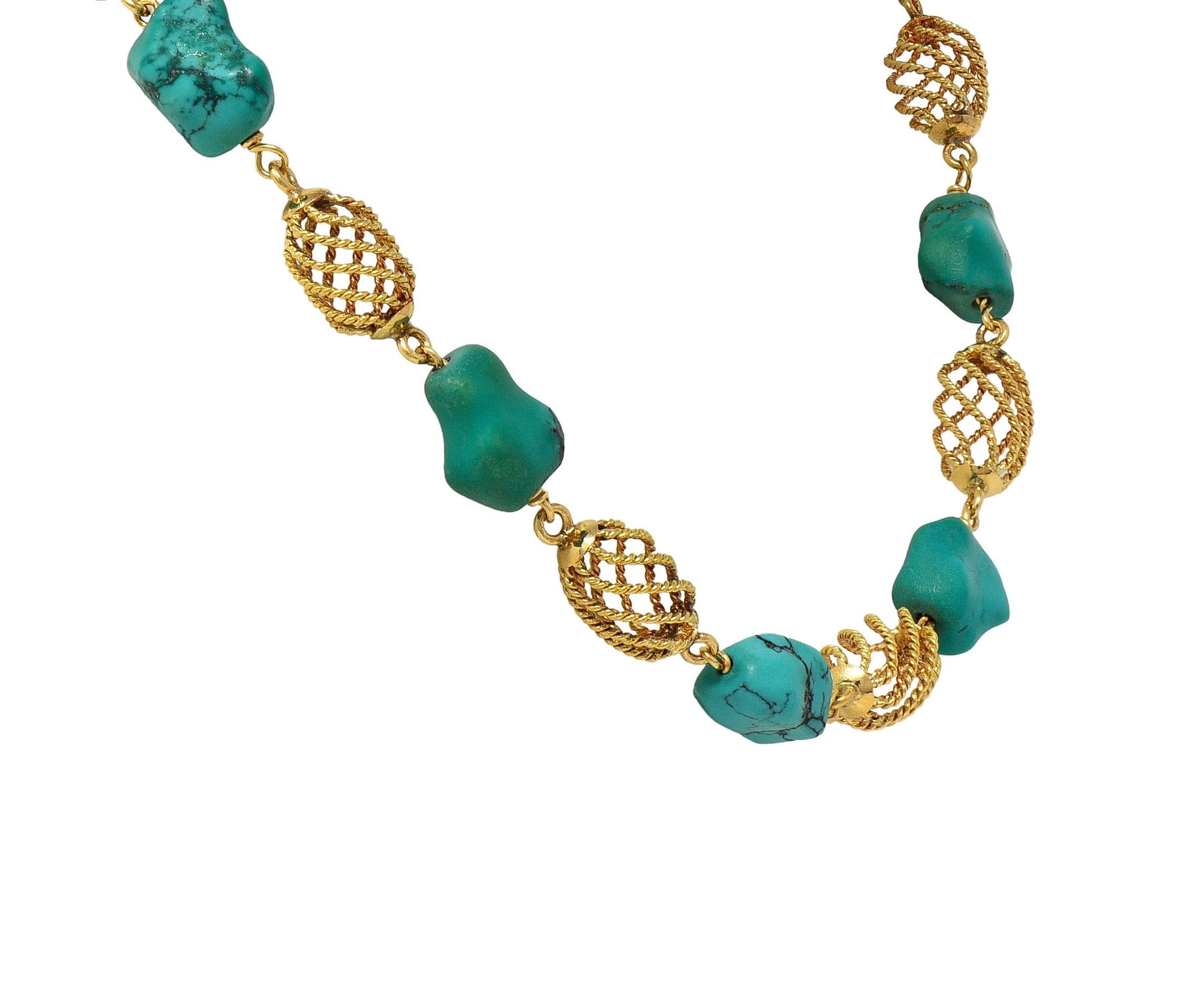 da uomo o donna Collana a spirale in oro giallo 18 carati con pepita di turchese degli anni '60 in vendita
