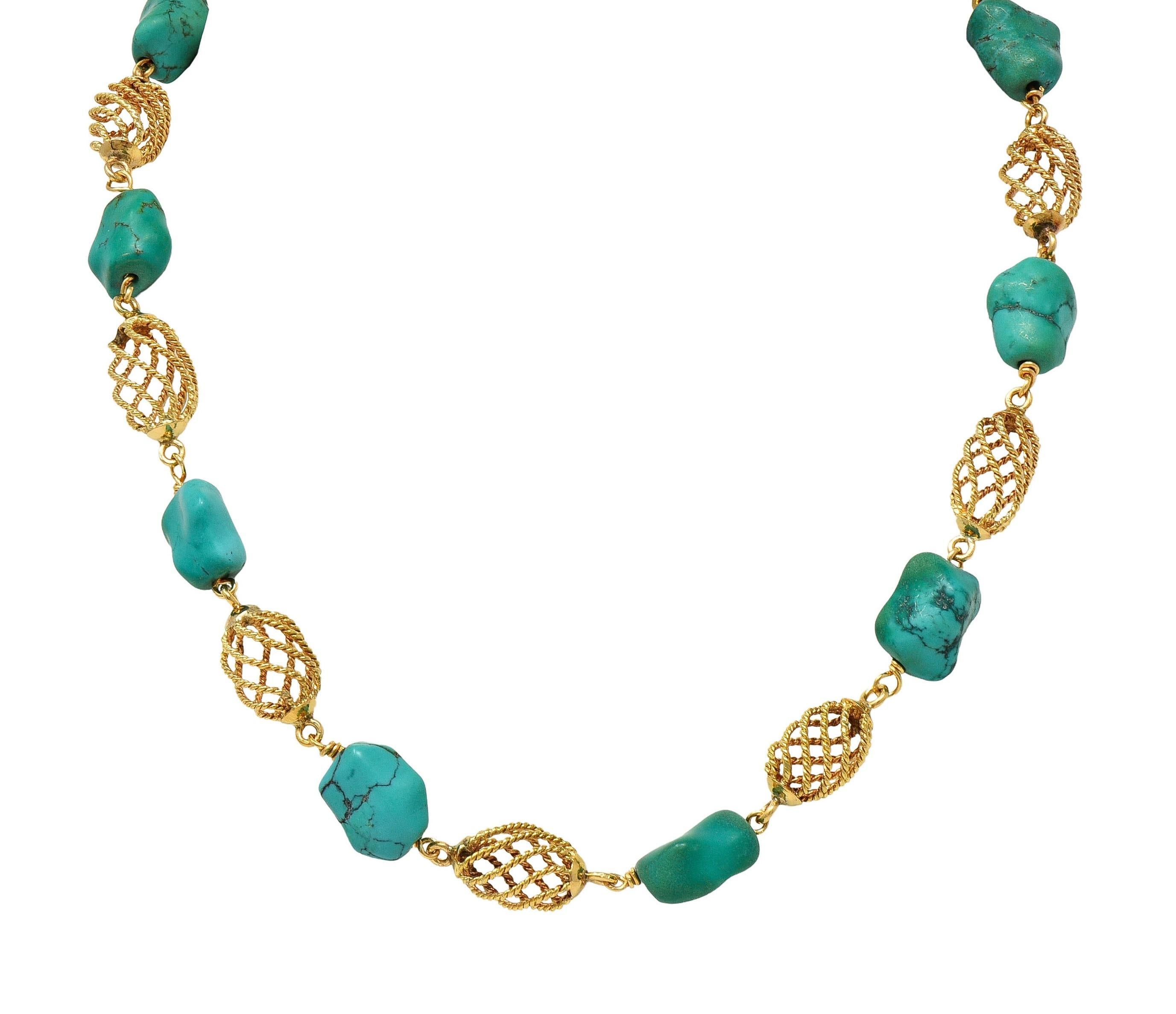 1960's Turquoise Nugget 18 Karat Yellow Gold Spiral Bead Vintage Collar Necklace