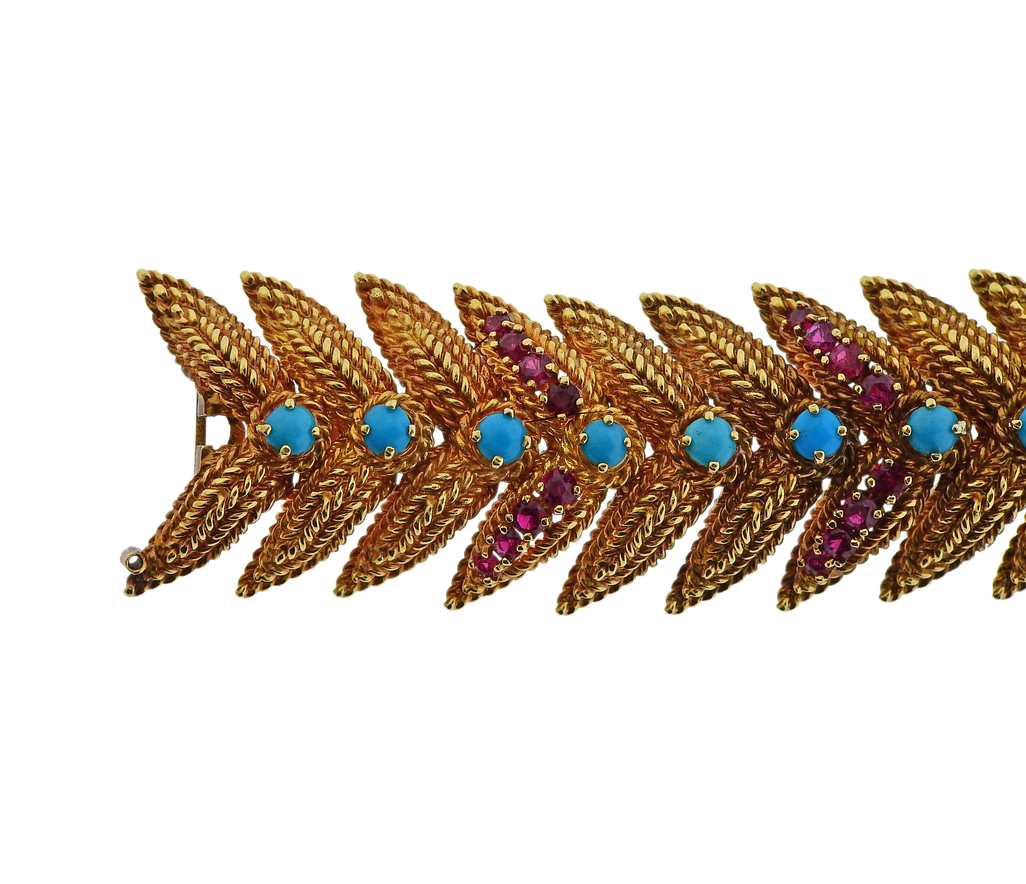 1960s Turquoise Ruby Gold Bracelet In Excellent Condition For Sale In New York, NY