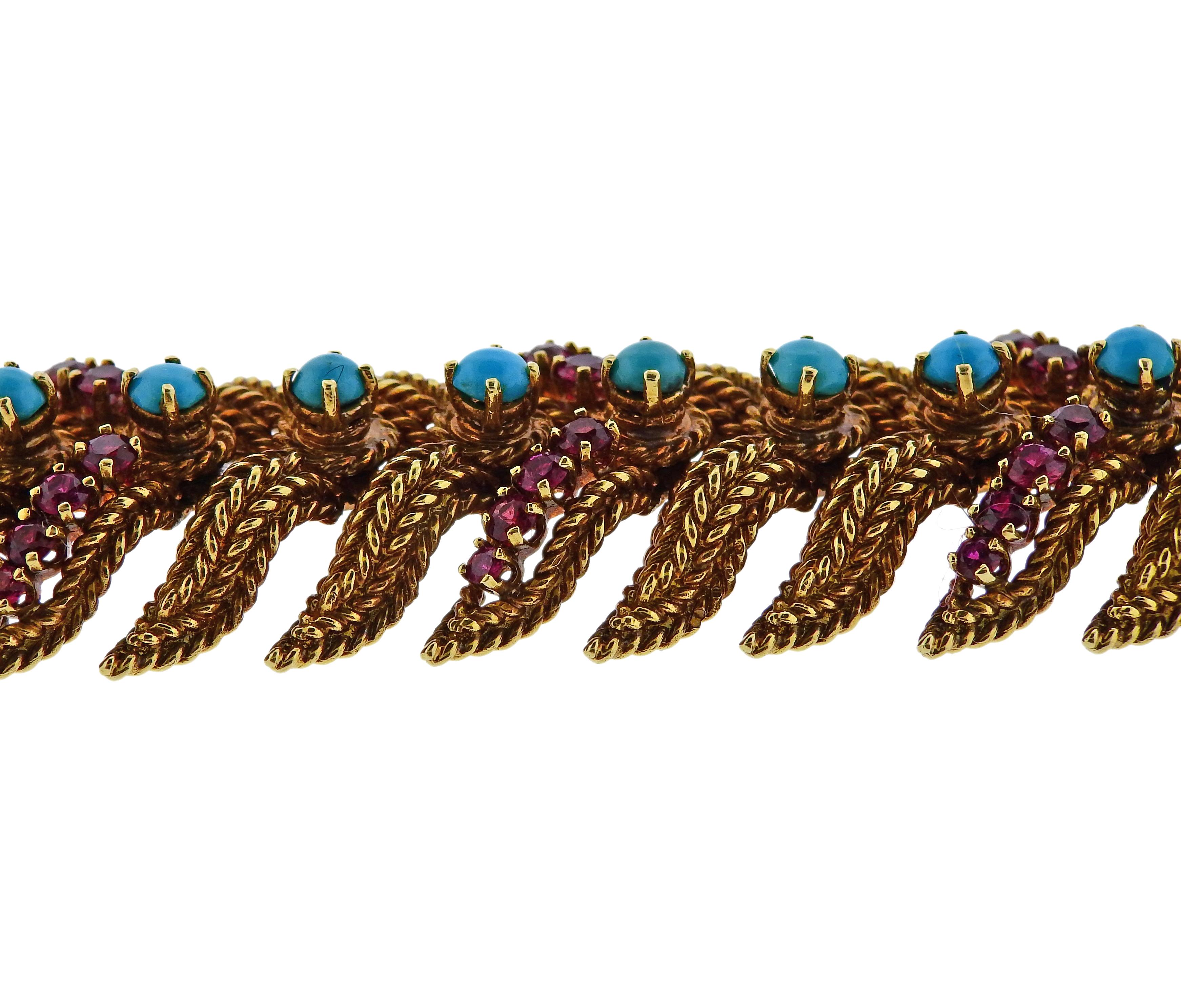 Women's 1960s Turquoise Ruby Gold Bracelet For Sale