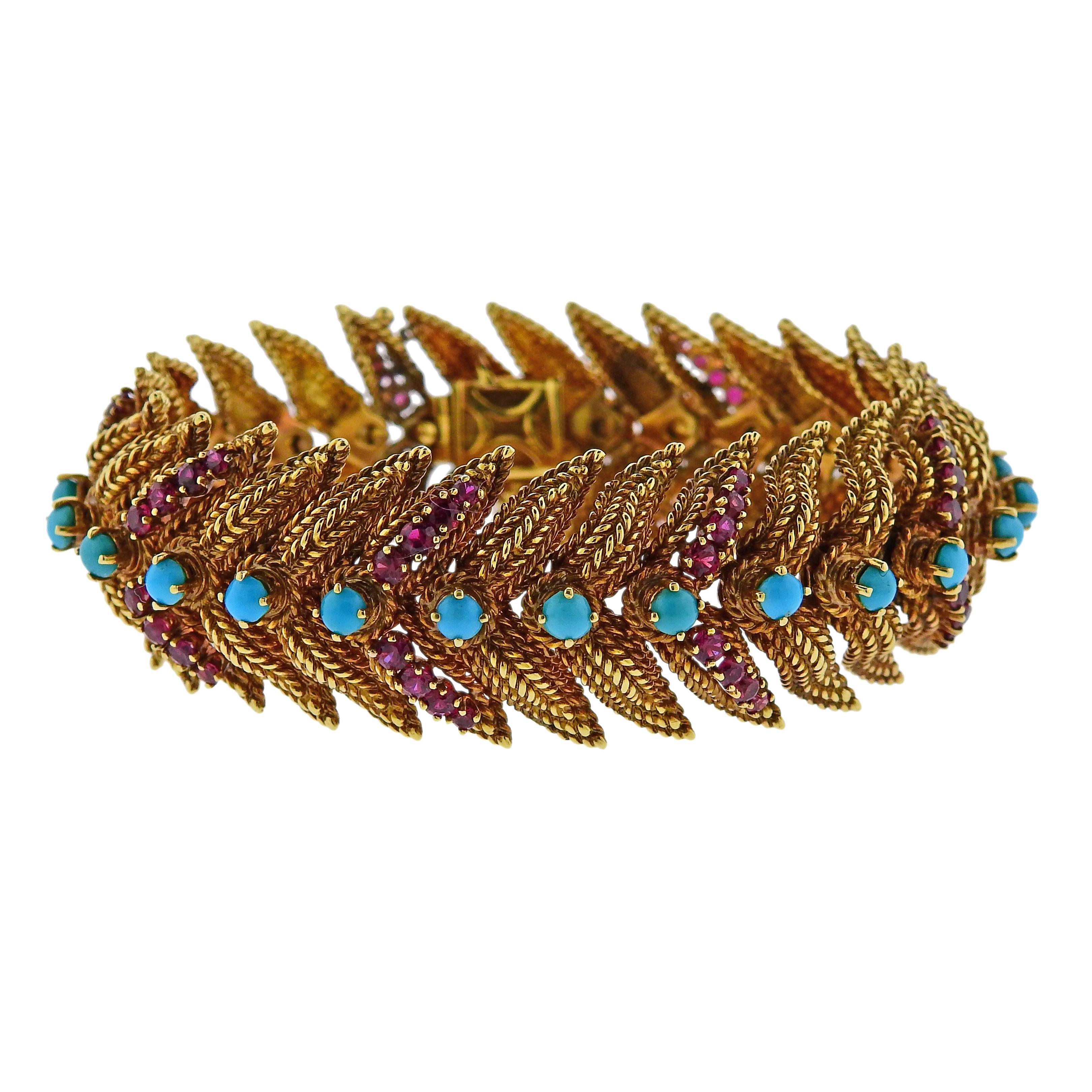 1960s Turquoise Ruby Gold Bracelet For Sale 2
