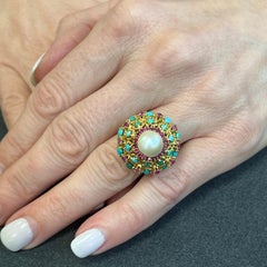 1960's Turquoise Ruby Pearl 18 Karat Yellow Gold Dome Cocktail Ring
