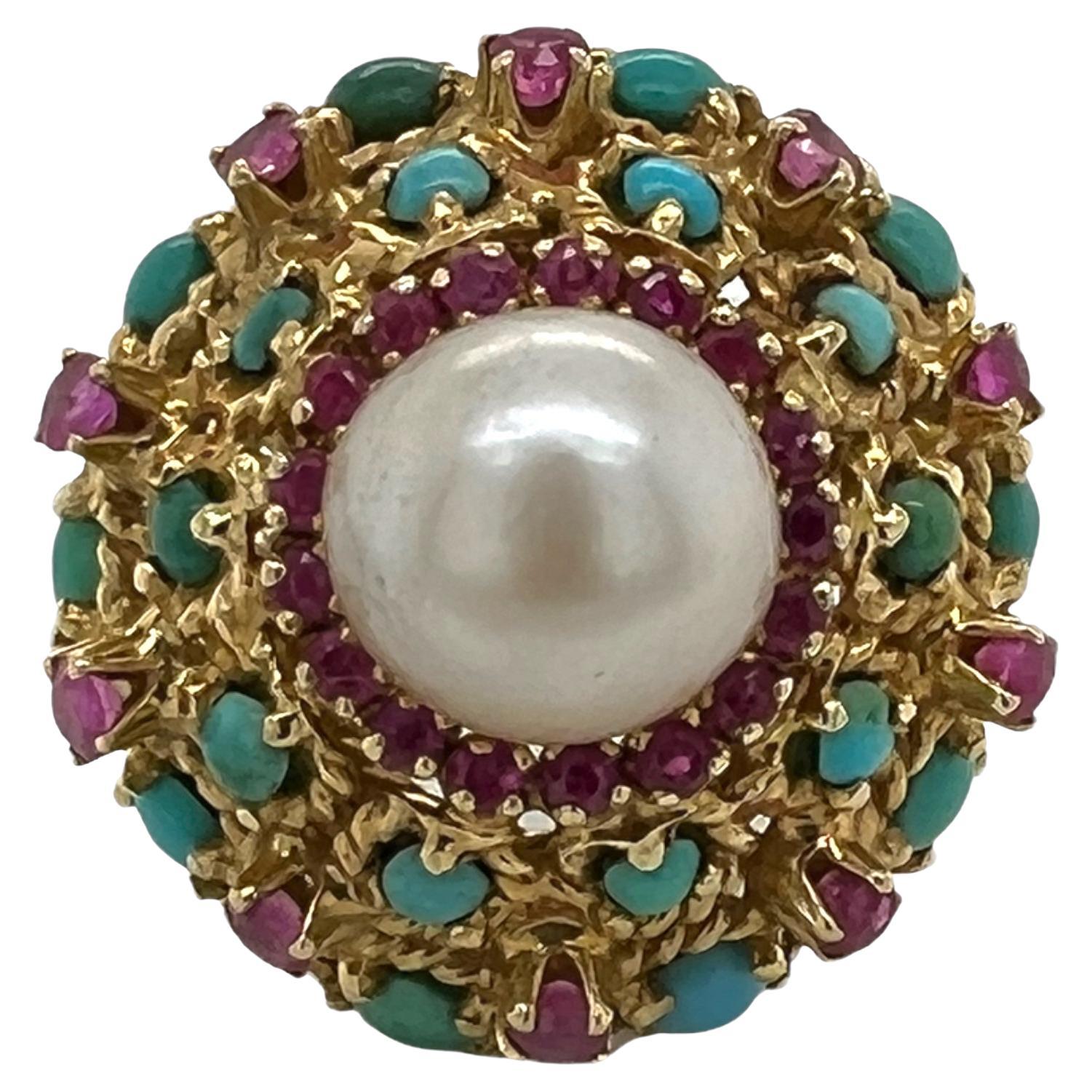 1960's Turquoise Ruby Pearl 18 Karat Yellow Gold Dome Cocktail Ring