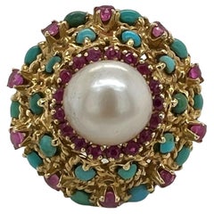 1960's Turquoise Ruby Pearl 18 Karat Yellow Gold Dome Cocktail Ring