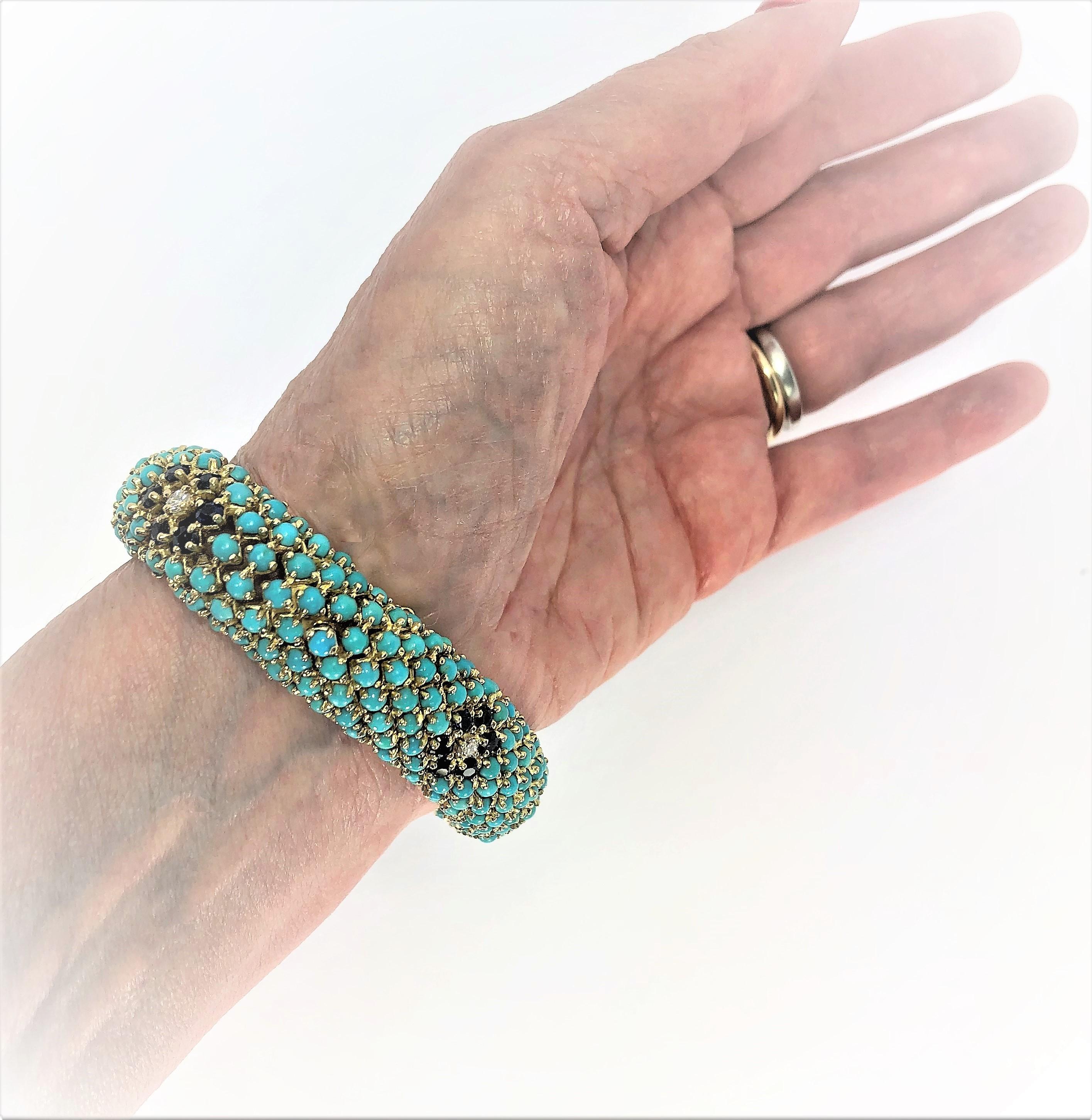 1960s Turquoise, Sapphire and Diamond Flower, Flexible Bombe Bracelet 6