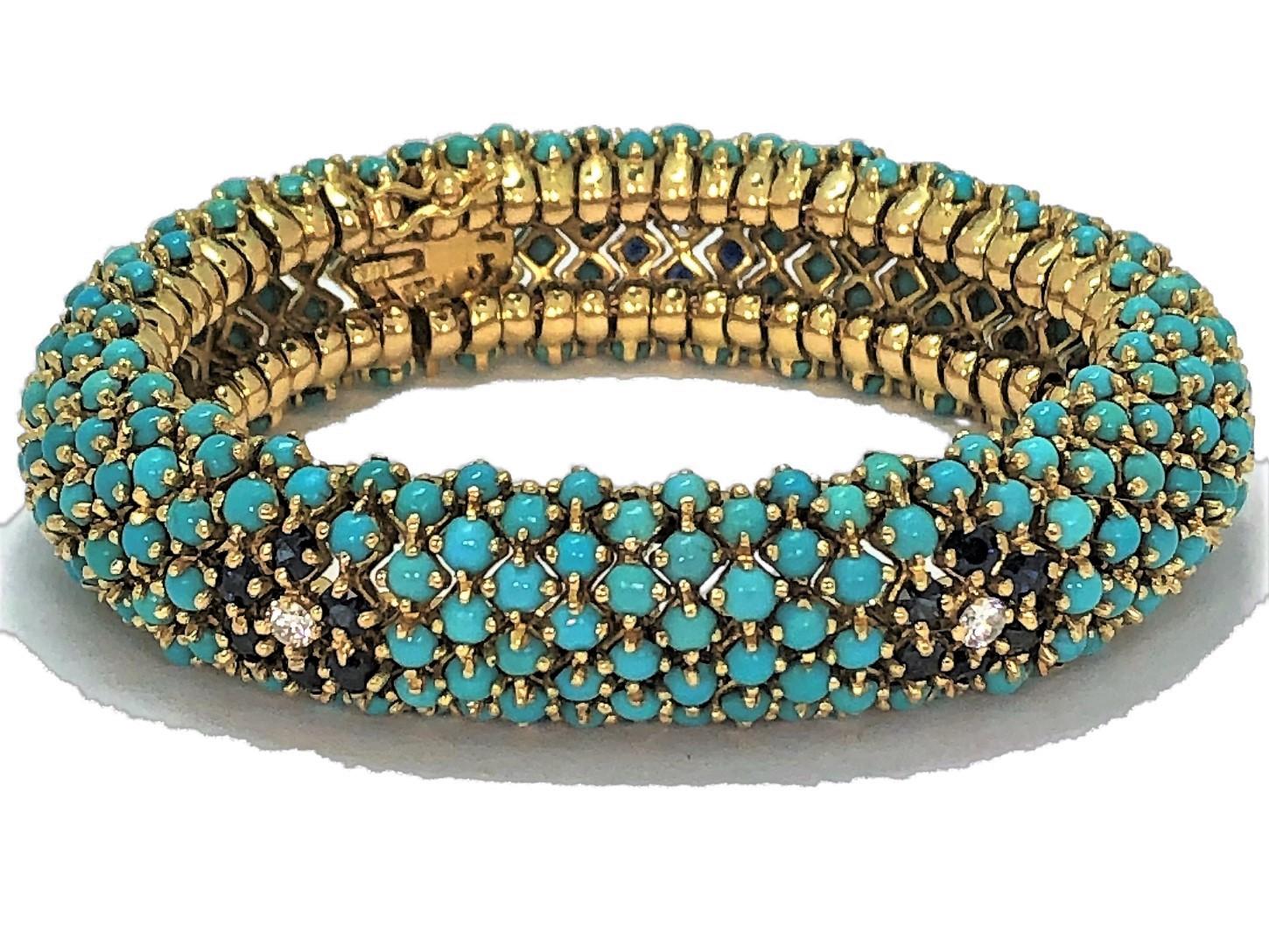 1960s Turquoise, Sapphire and Diamond Flower, Flexible Bombe Bracelet In Good Condition In Palm Beach, FL