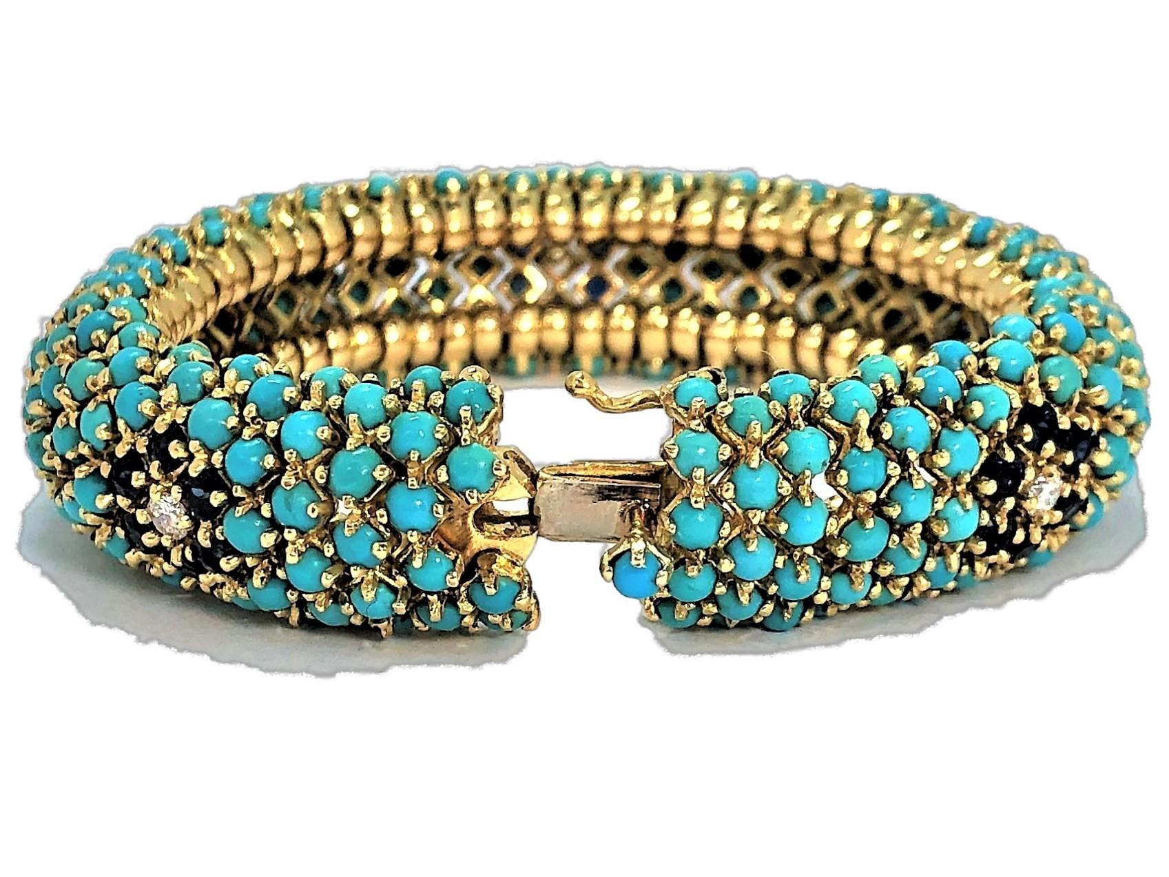 Women's 1960s Turquoise, Sapphire and Diamond Flower, Flexible Bombe Bracelet