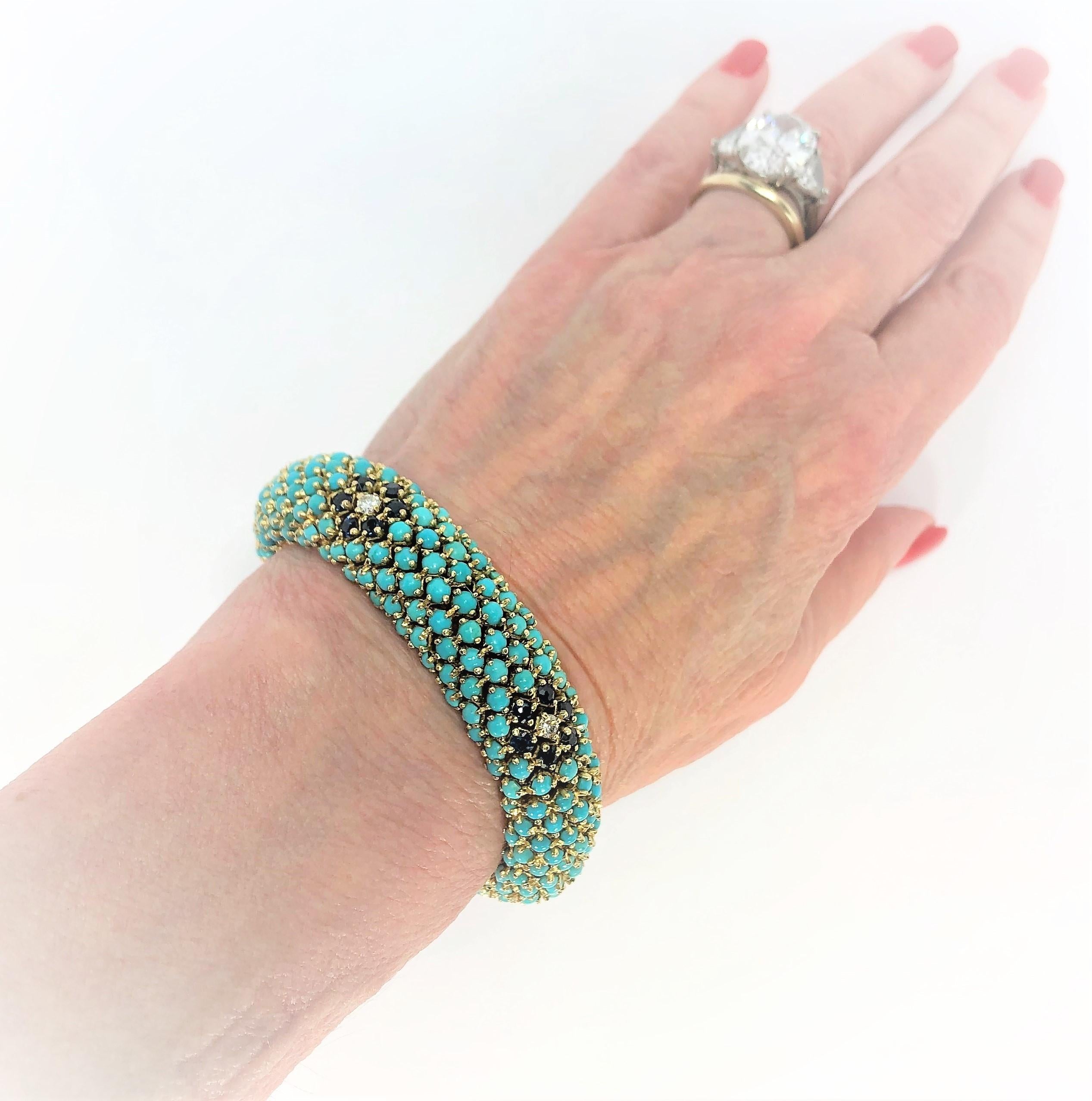 1960s Turquoise, Sapphire and Diamond Flower, Flexible Bombe Bracelet 3