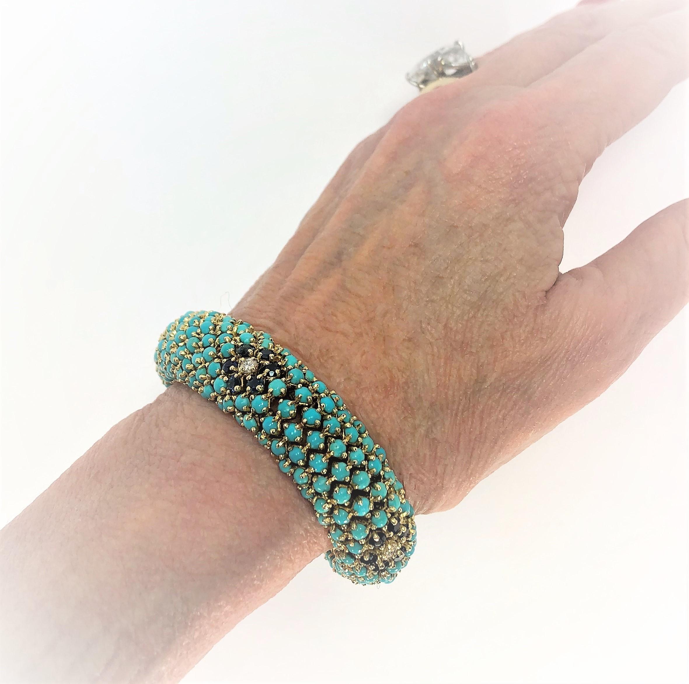 1960s Turquoise, Sapphire and Diamond Flower, Flexible Bombe Bracelet 4