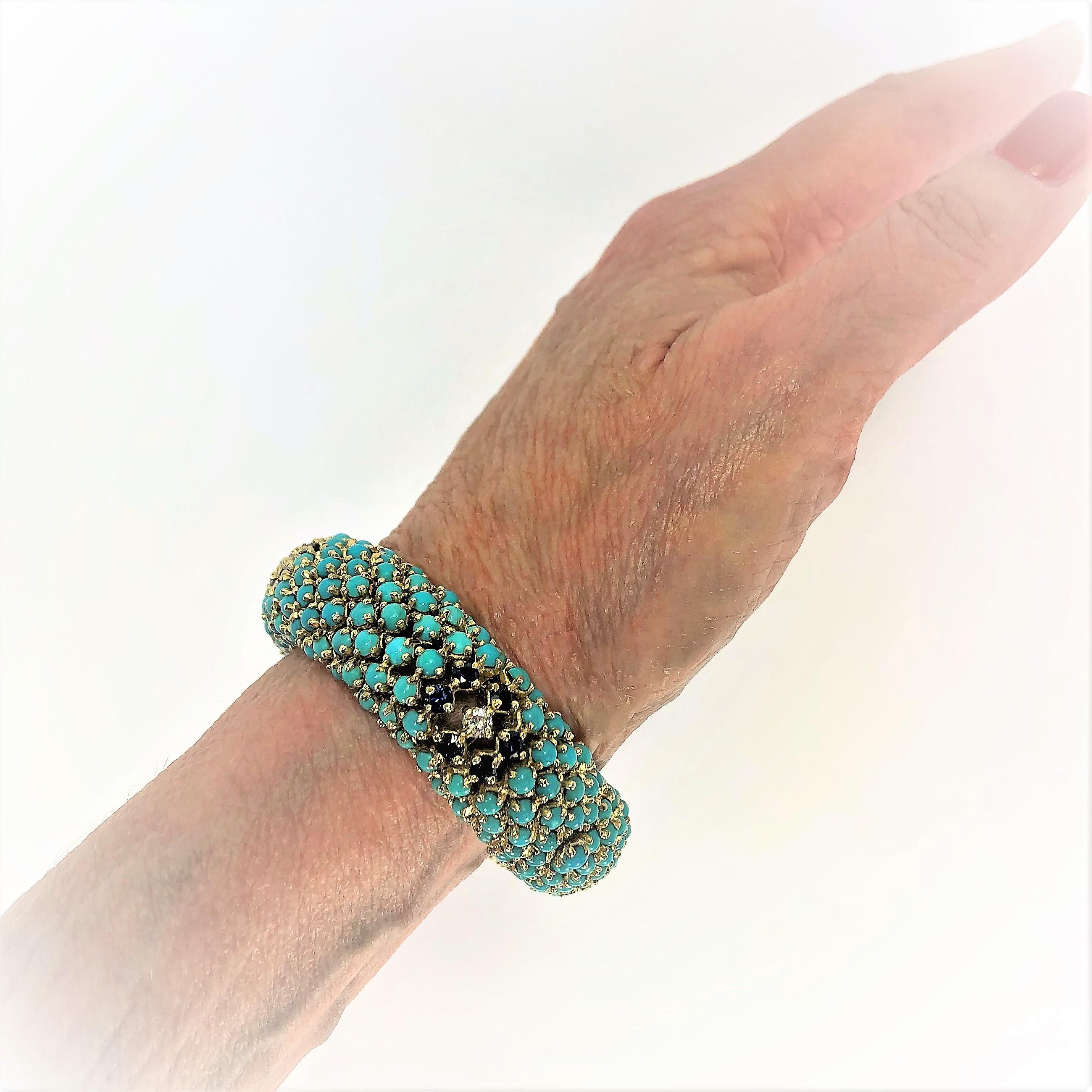 1960s Turquoise, Sapphire and Diamond Flower, Flexible Bombe Bracelet 5