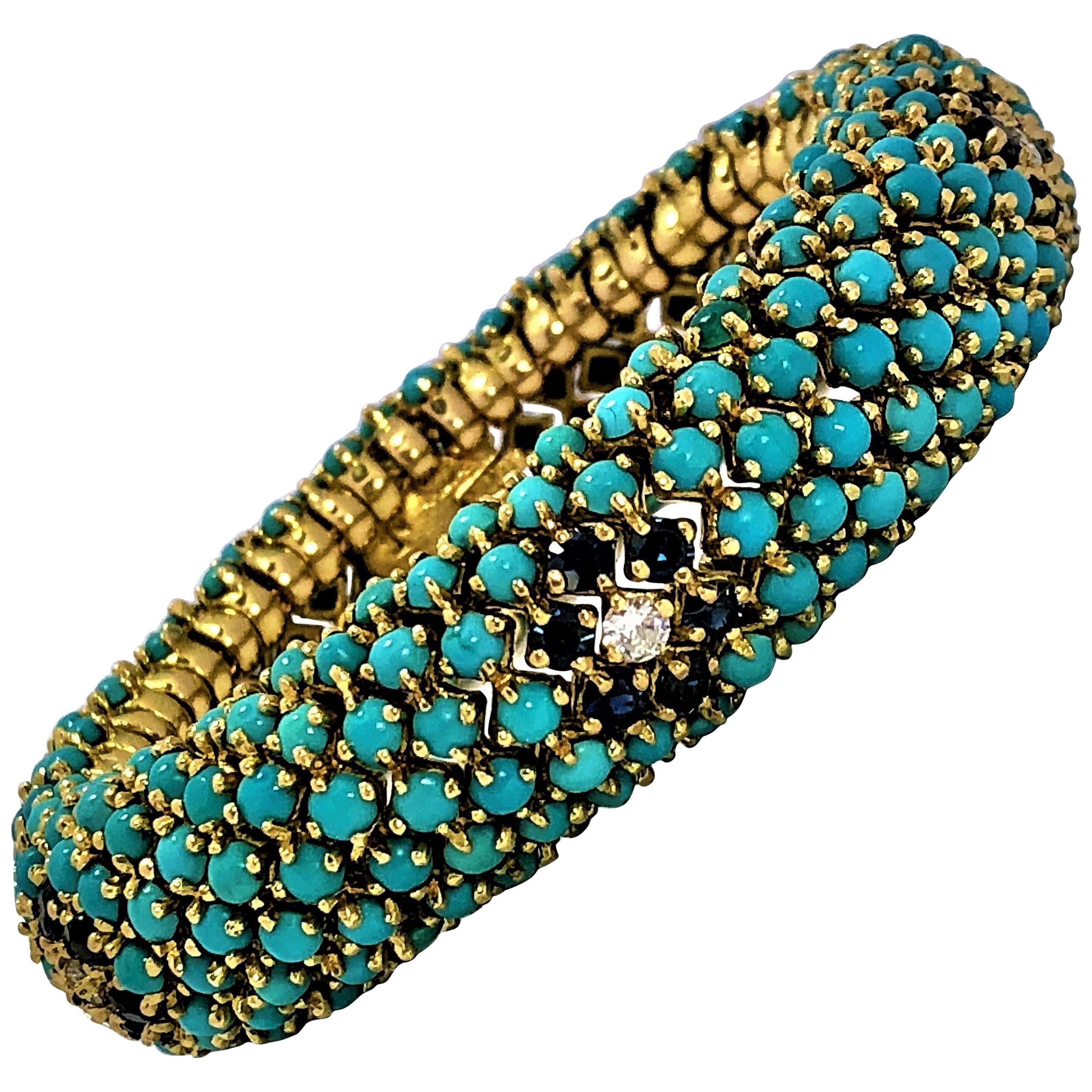 1960s Turquoise, Sapphire and Diamond Flower, Flexible Bombe Bracelet