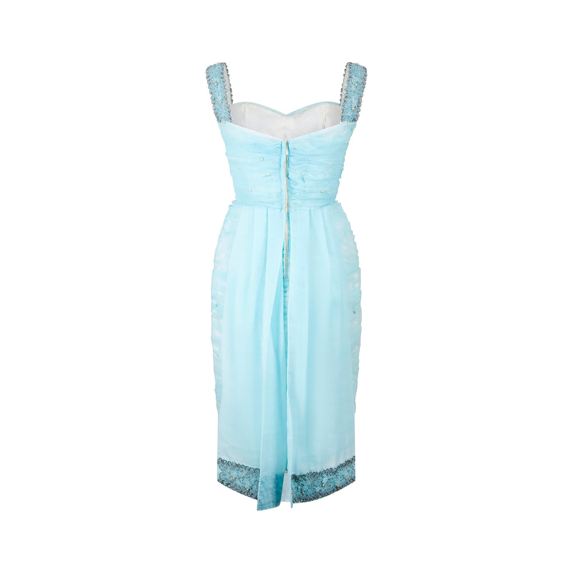 1960s Turquoise Scallop Pleated and Beaded Embellished Shift Dress In Excellent Condition For Sale In London, GB
