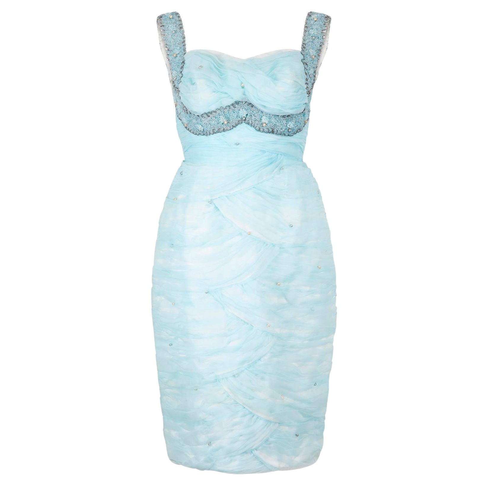 1960 Turquoise Robe droite plissée à festons et ornée de perles