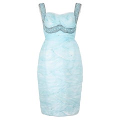 1960s Turquoise Scallop Pleated and Beaded Embellished Shift Dress