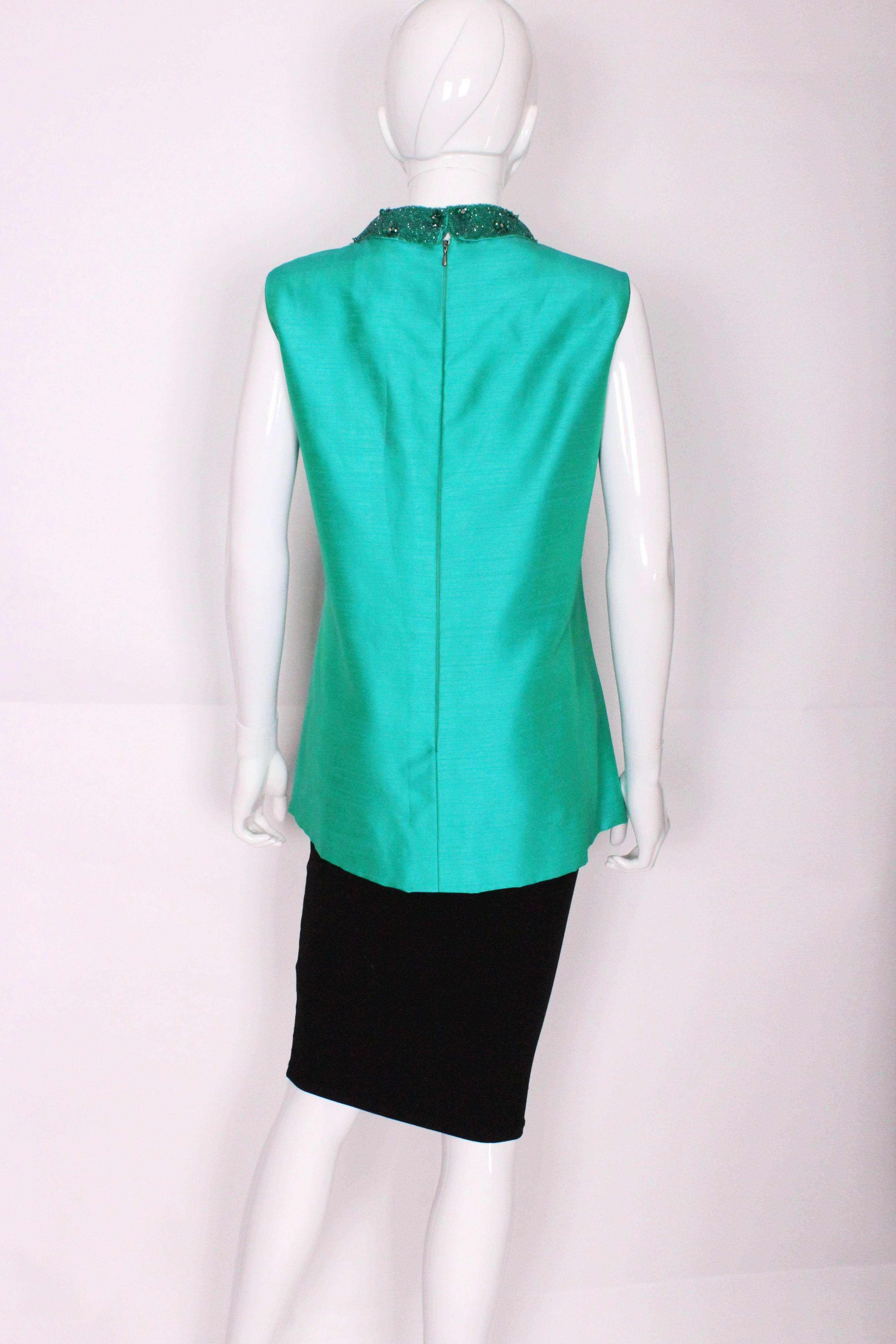 Blue 1960s Turquoise Silk Beaded Collar Shift Top by Peter Barron