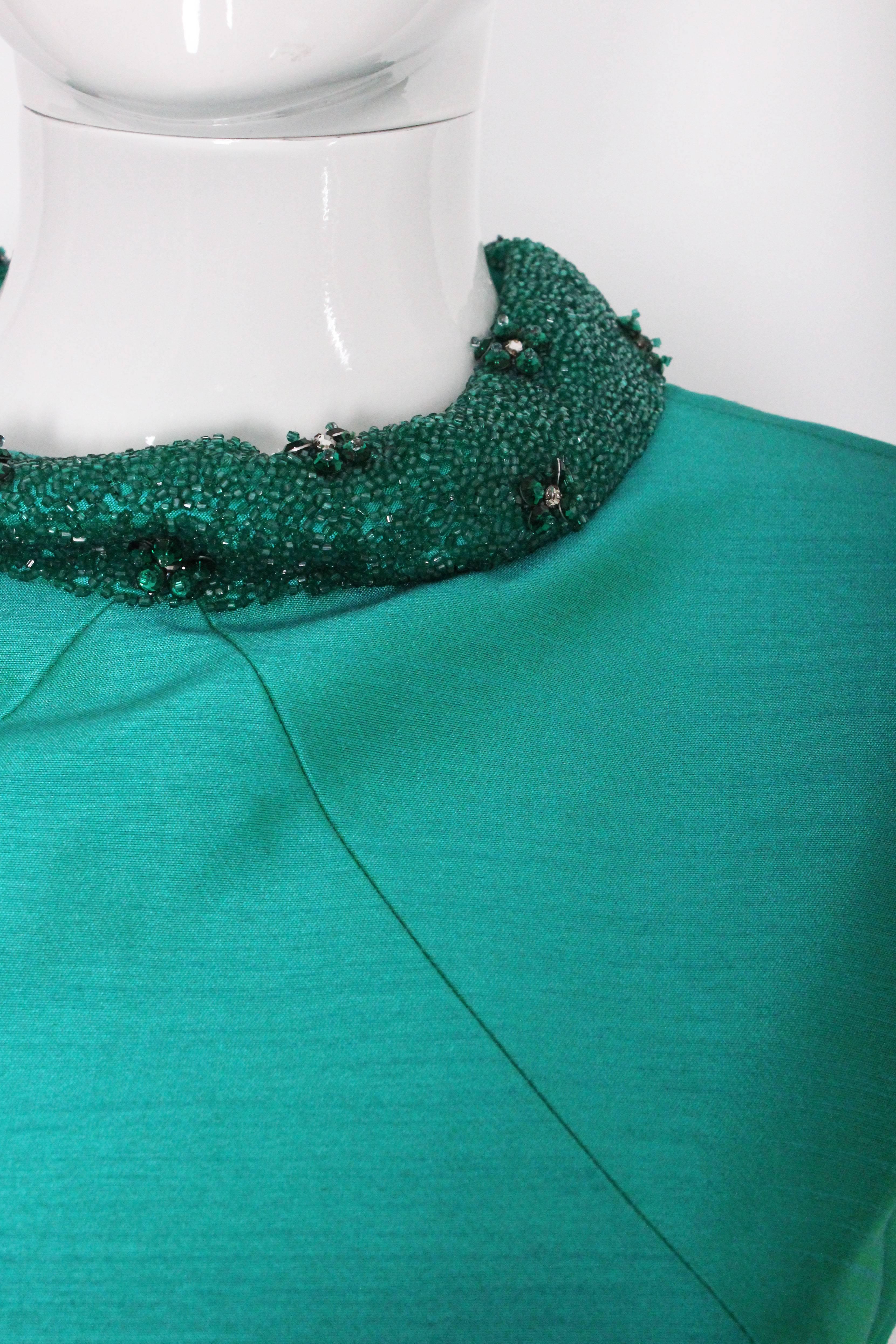 1960s Turquoise Silk Beaded Collar Shift Top by Peter Barron In Excellent Condition In London, GB