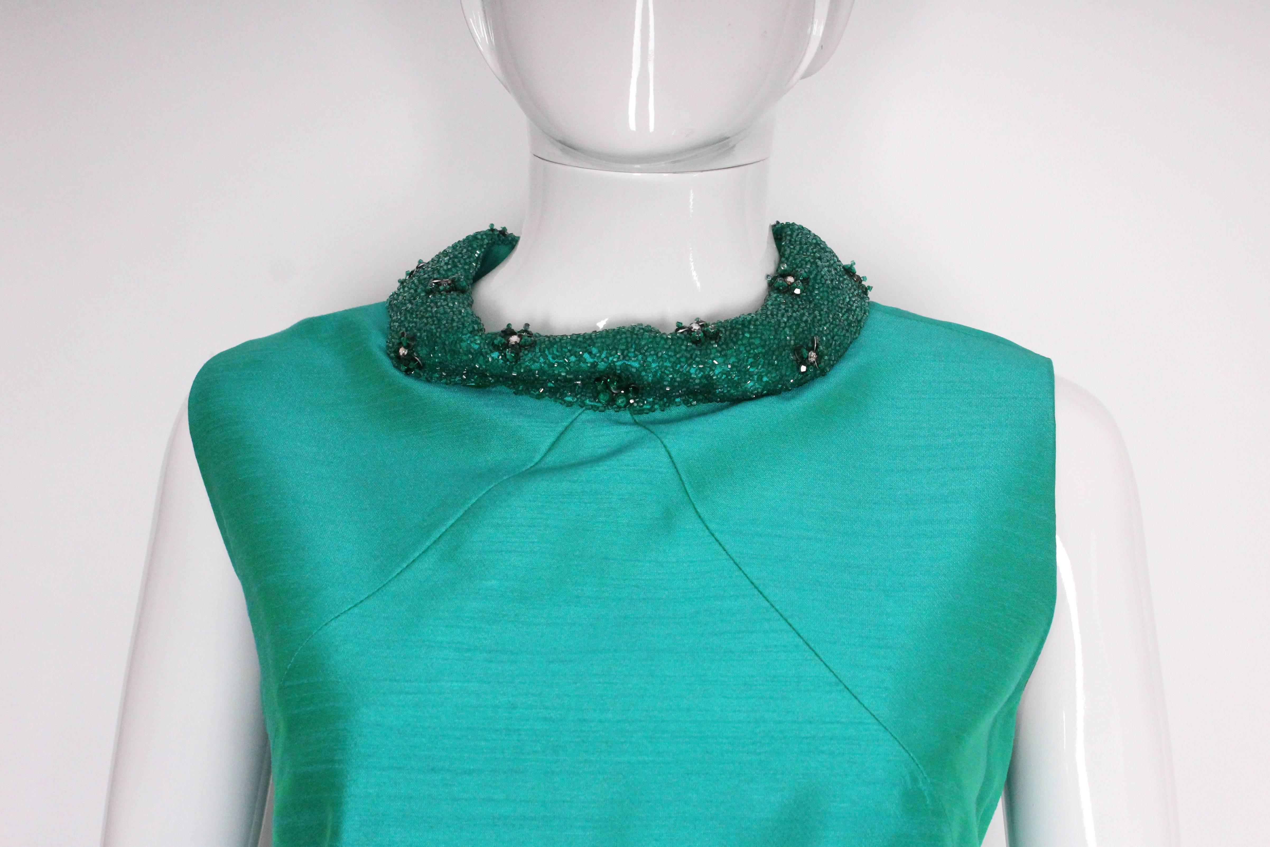 Women's 1960s Turquoise Silk Beaded Collar Shift Top by Peter Barron