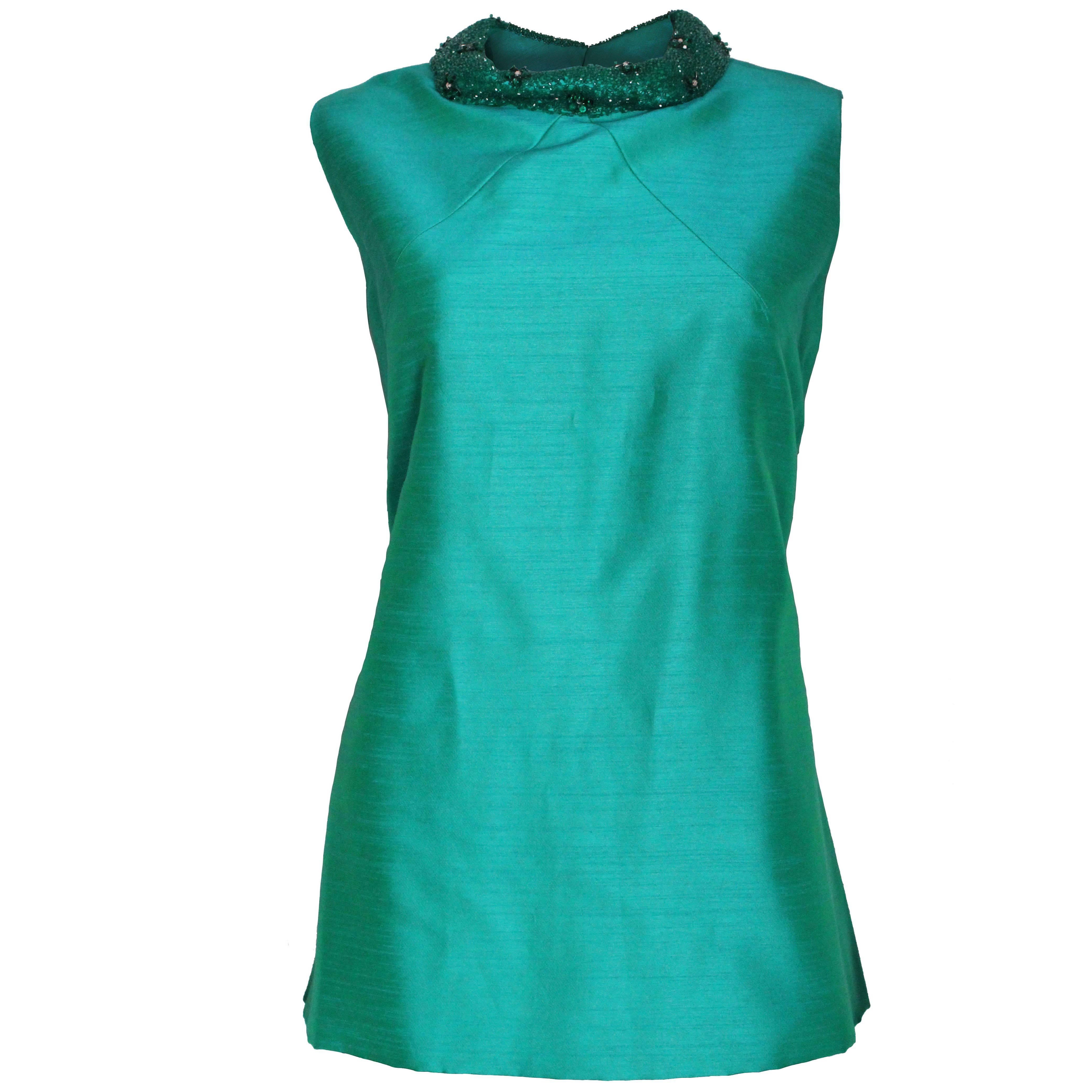1960s Turquoise Silk Beaded Collar Shift Top by Peter Barron