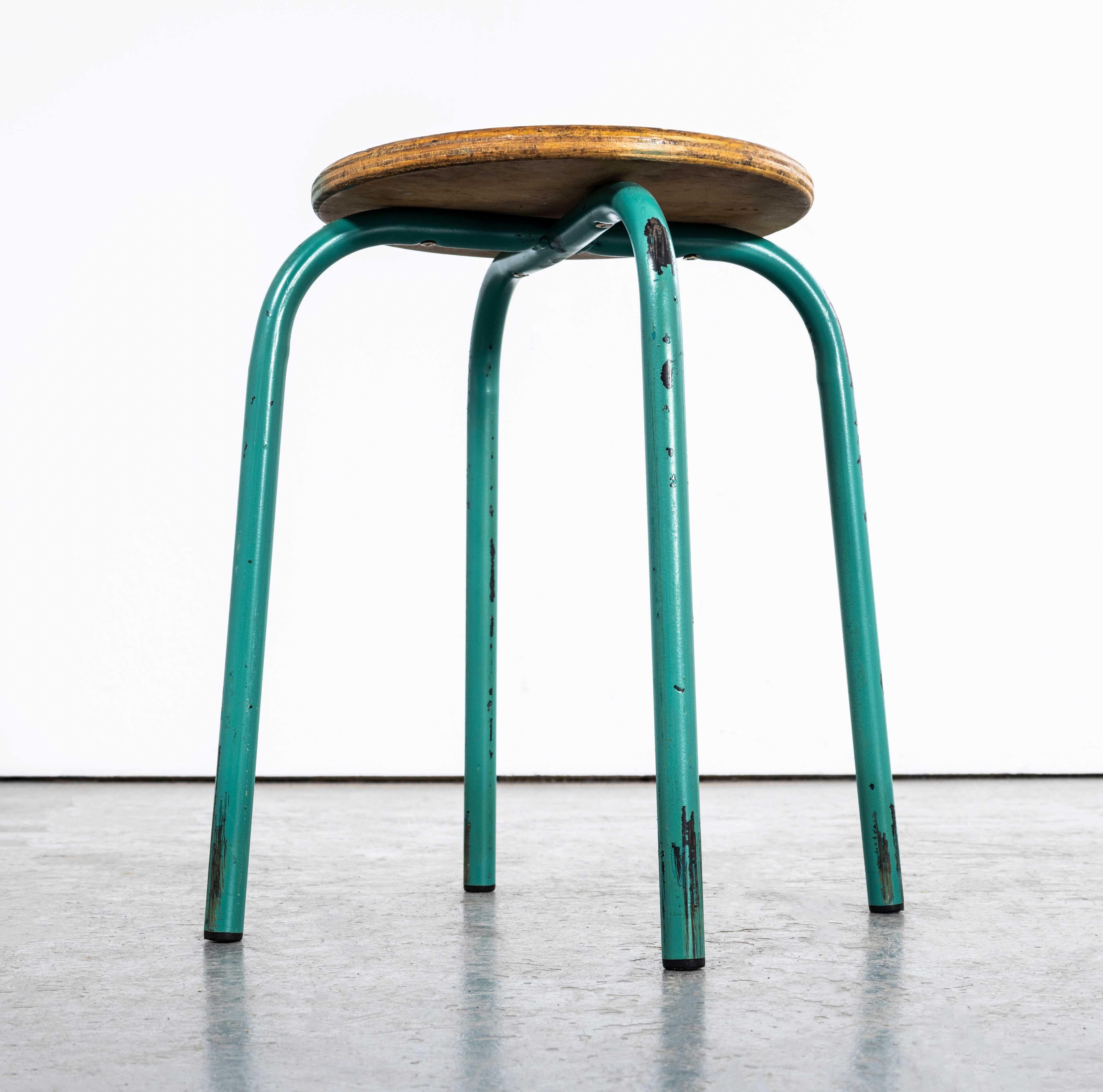 1960's Simple French Stacking School Stool - Aqua. 

French school stool, solid beech laminated top with strong metal base. Original stool in great condition. Seat Height 46cm.

Workshop Report:
Our workshop team inspect every product and carry out